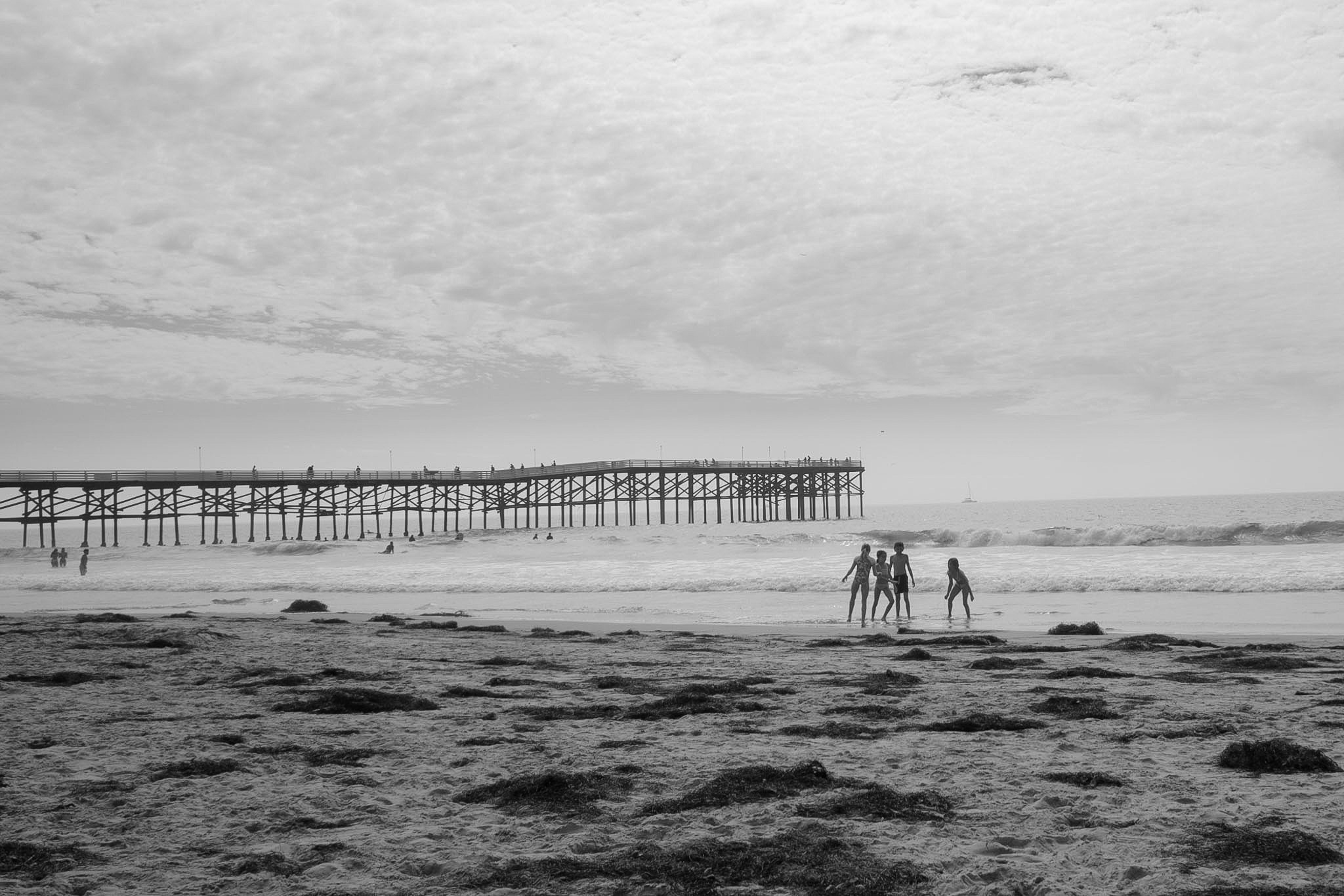 Friends walking toward the surf near a pier in black and white